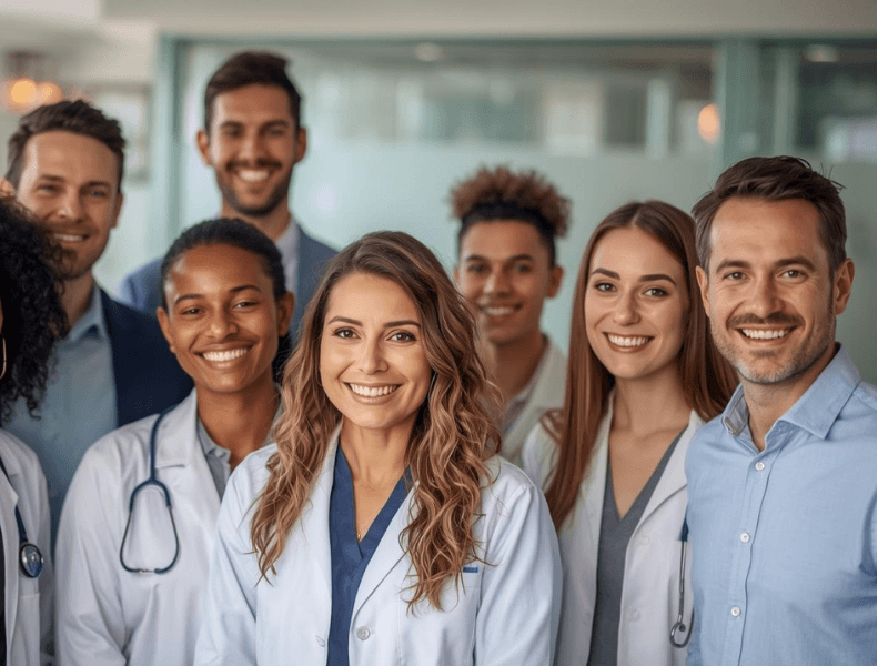 Equipo de psicólogos de Psicofacil sanitarios sonriendo en clínica